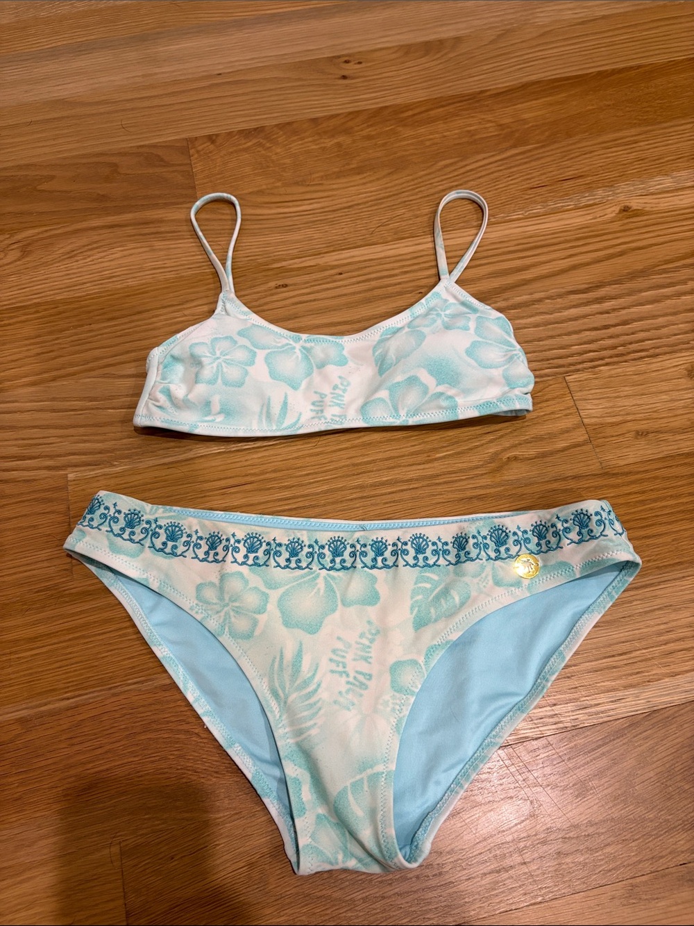 Pink Palm Puff Light Blue Floral Girls' Bikini Swim Set